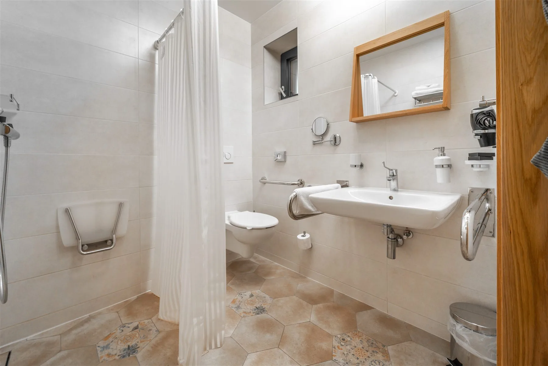 Open bathroom layout with clear movement space