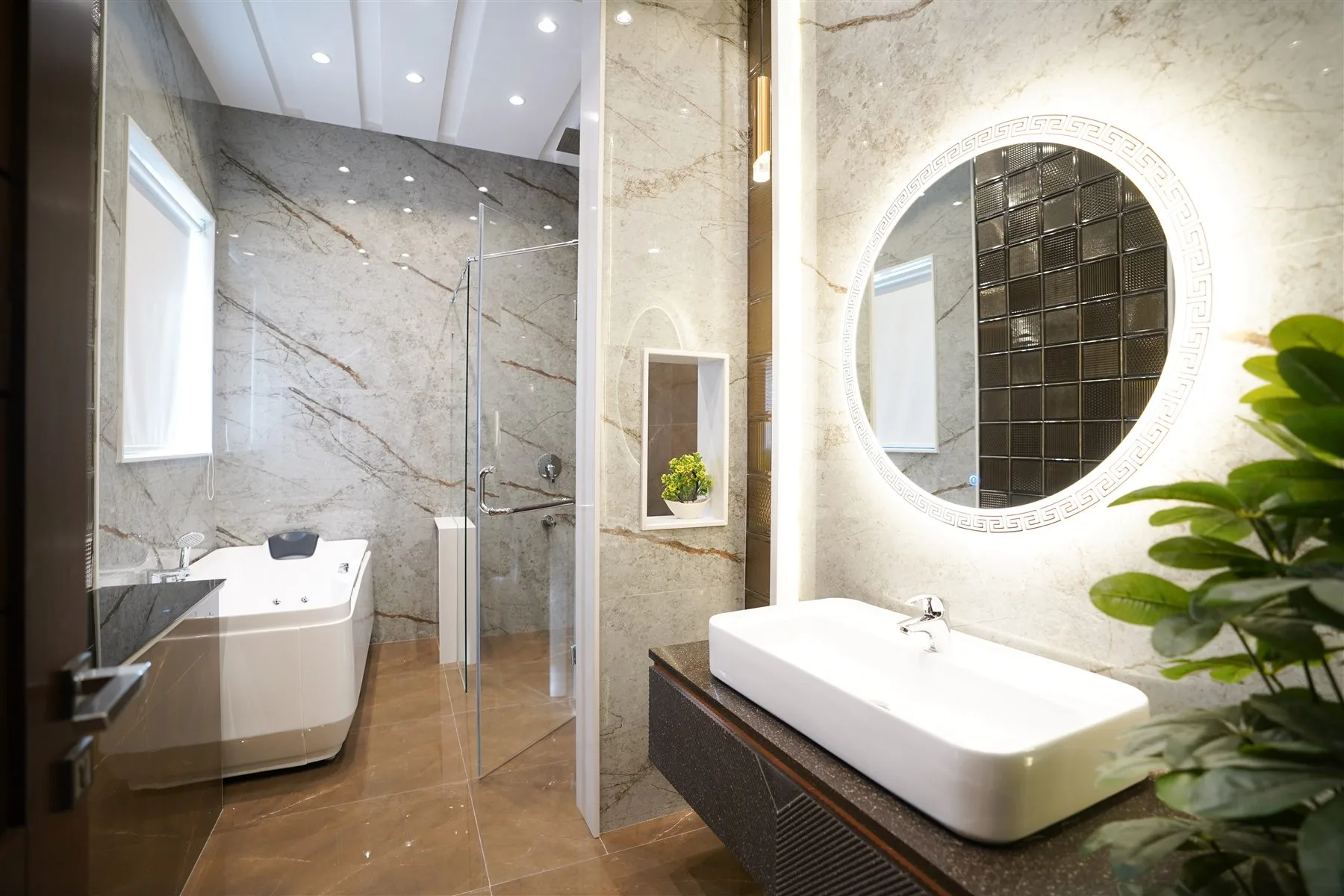 Bathroom design reference with a glass shower, vanity, and coordinated finishes