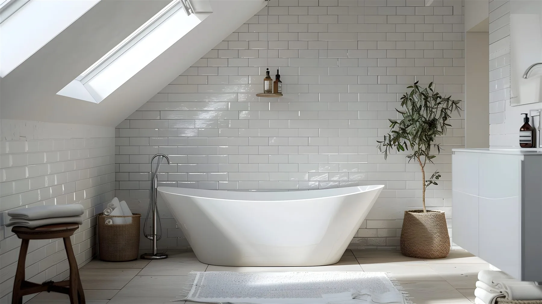Bathroom design reference with a freestanding tub and natural materials