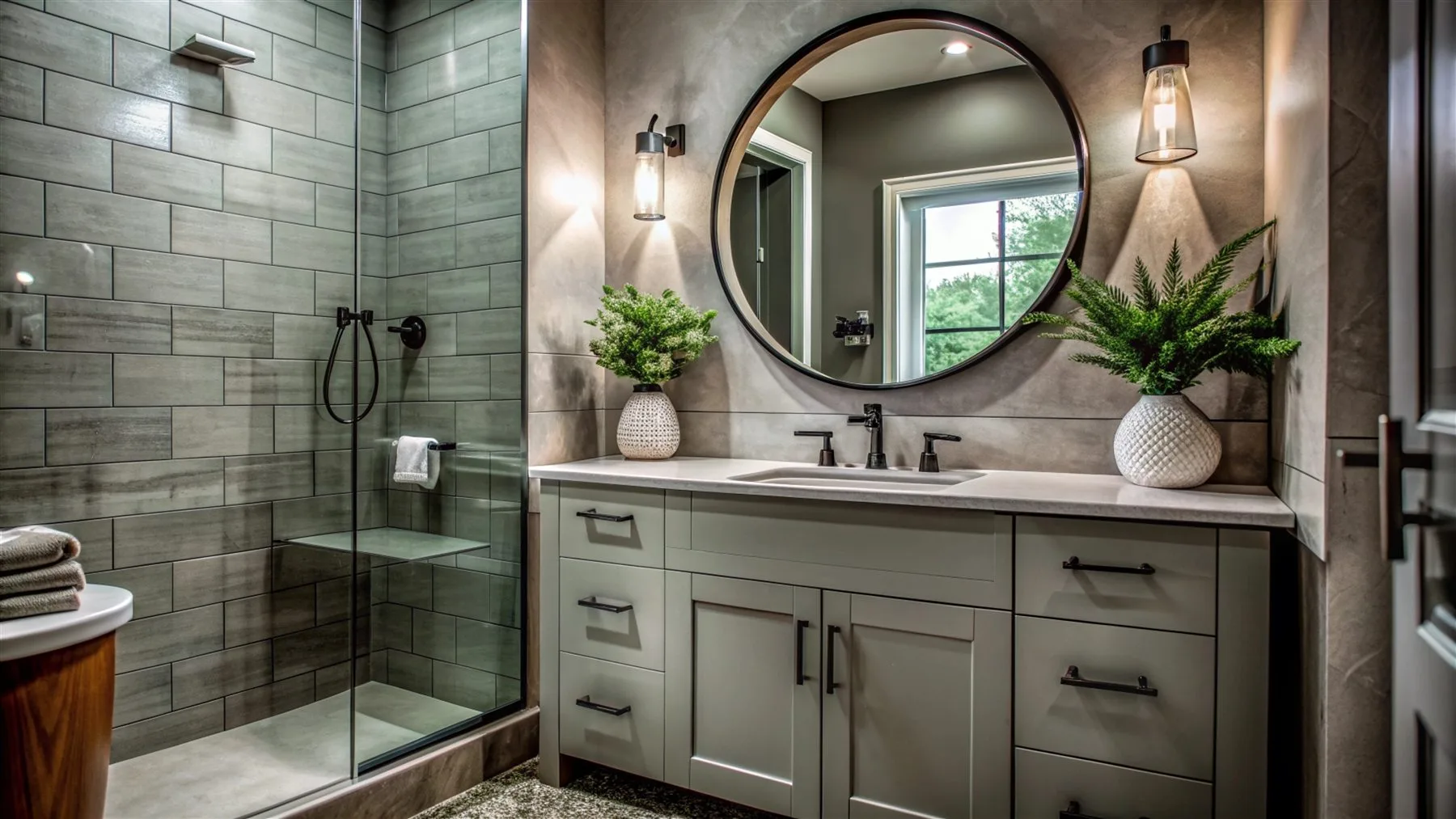 Bathroom design reference with a double vanity, mirrors, and coordinated tile